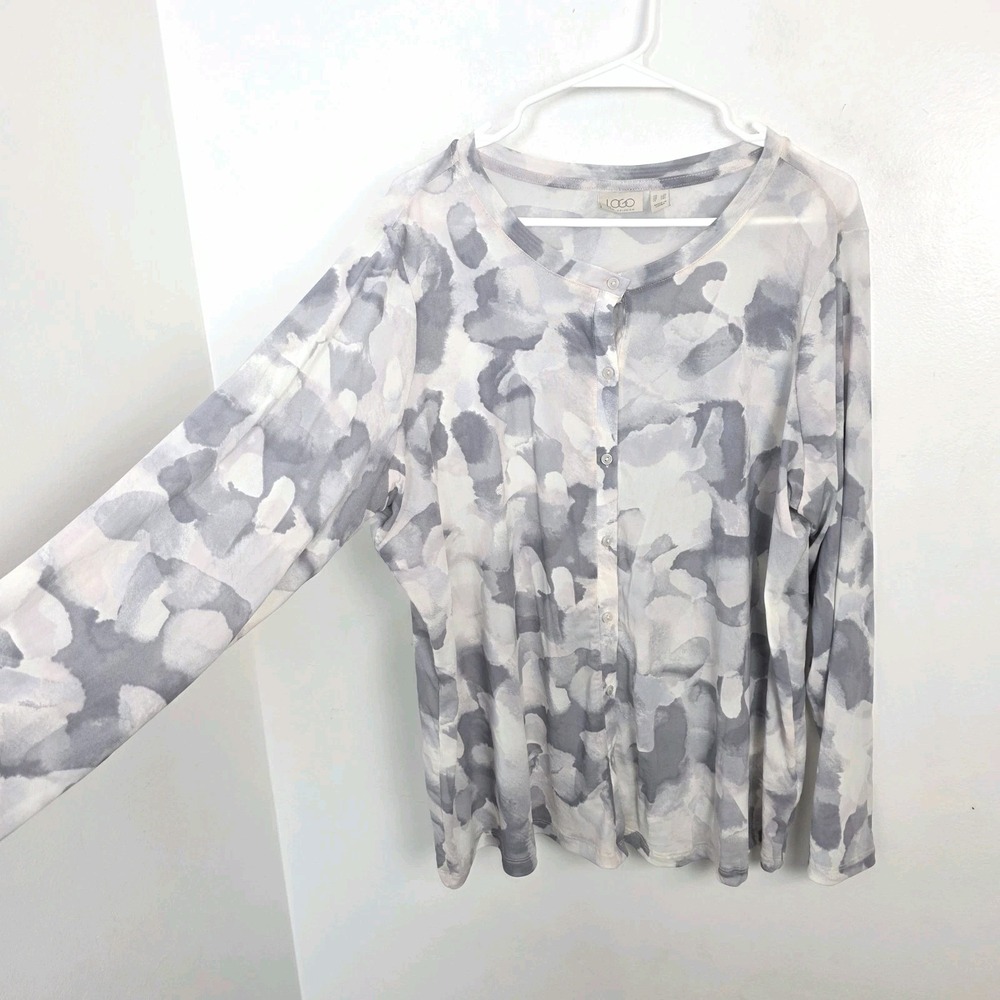LOGO Lori Goldstein Gray White Artsy Stretchy Semi-Sheer Button Up Shirt Size 1X